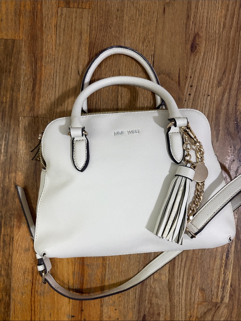 Nine West Cream Pebbled Leather Satchel with Tassel and Chain